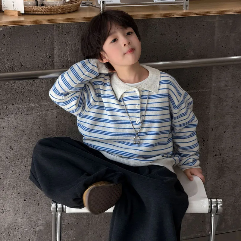 【KID】ブルーストライプ襟付き長袖トップス