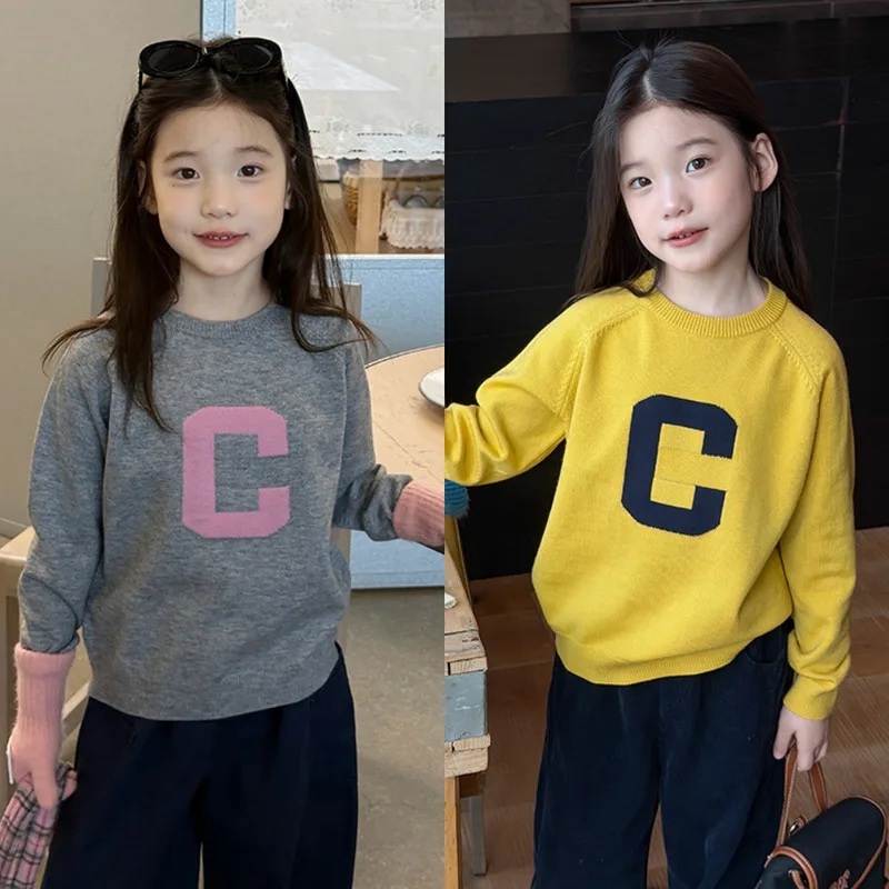 【KID】Cレター配色ニット長袖Tシャツ