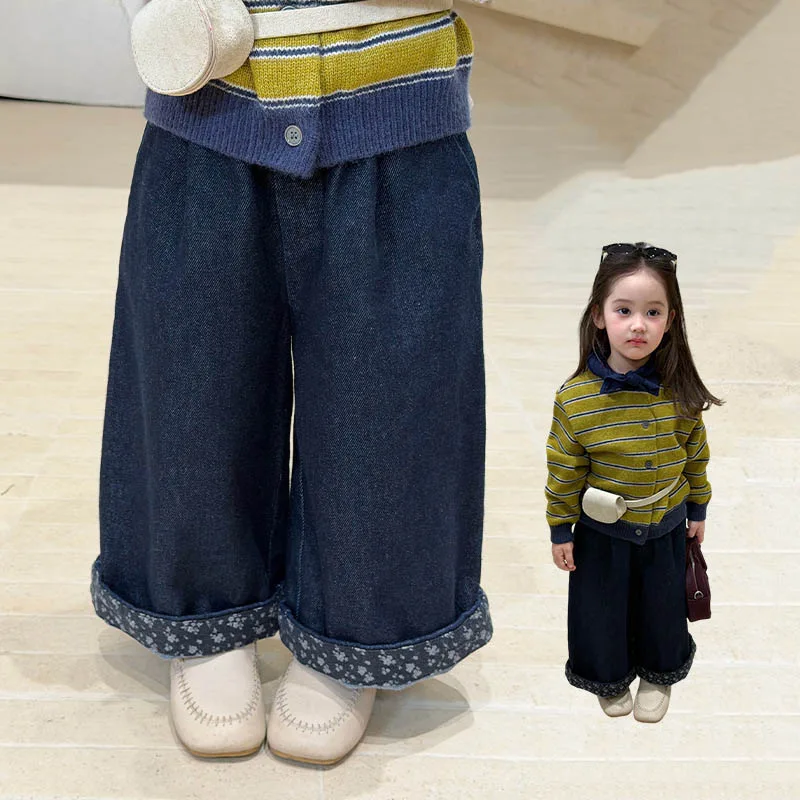 【KID】フラワー柄裾折り返しデニムパンツ