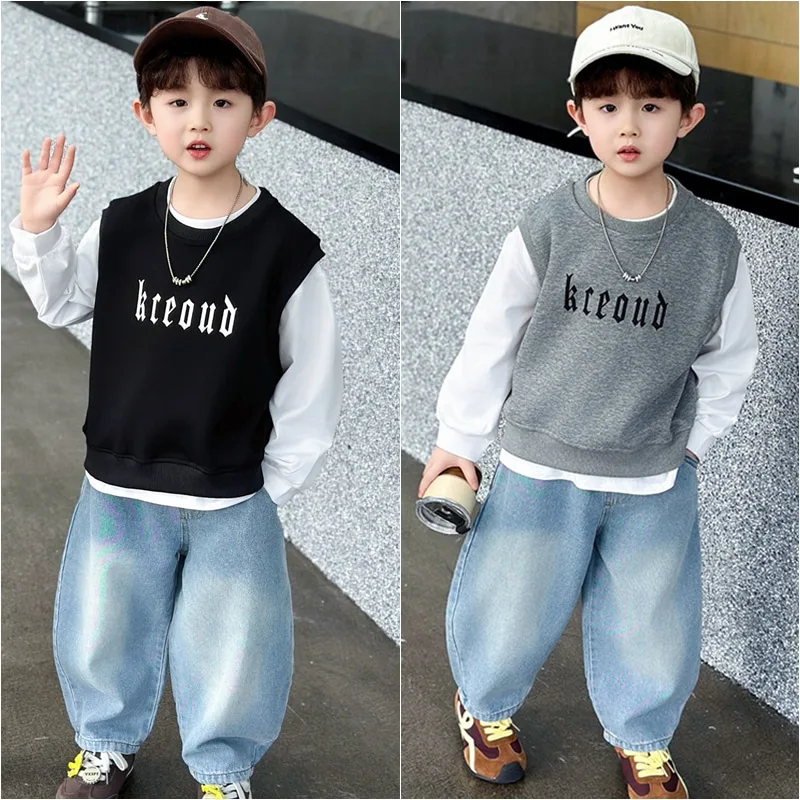 【セット】ウイング英字ロゴTシャツベストデニムパンツセット