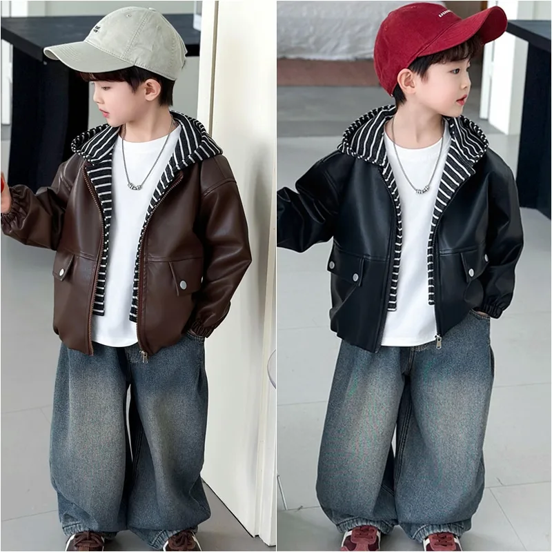 【KID】ストライプレイヤードフェイクレザージャケット