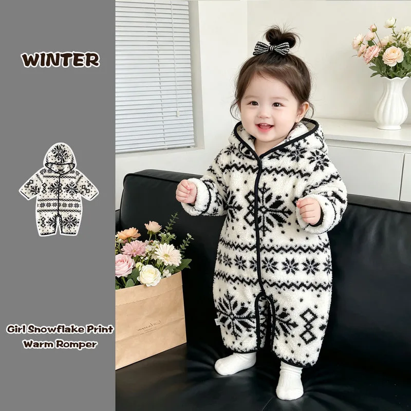 【BABY】雪花柄裏起毛フード付きベビーロンパース