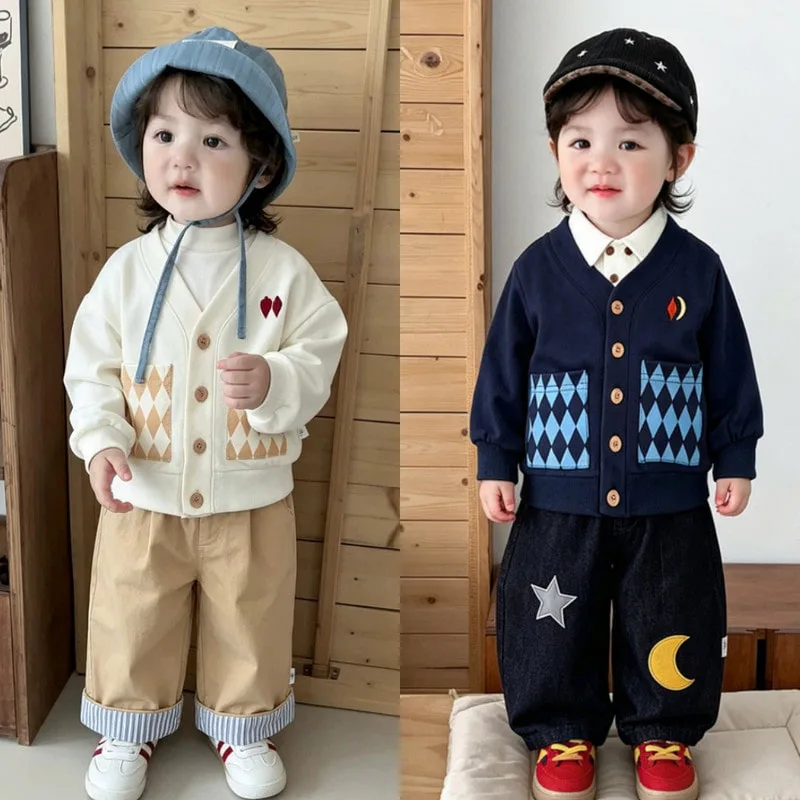【BABY】ダイヤ柄フロントボタンカーディガン