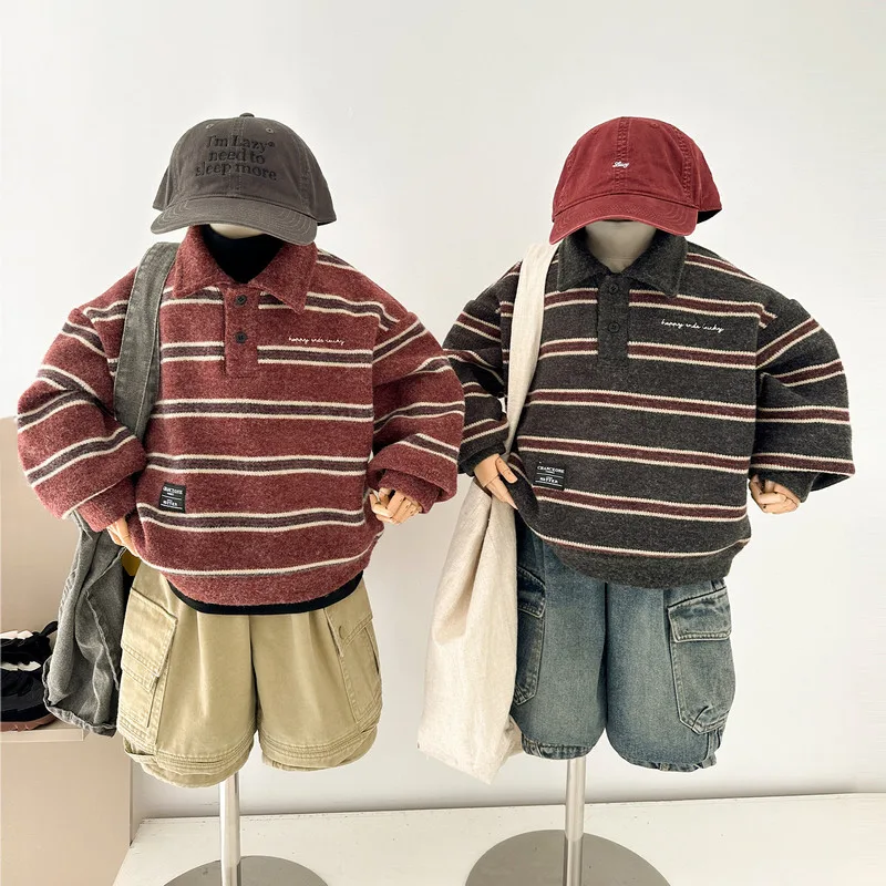 【KID】ストライプ裏起毛ポロ襟長袖Tシャツ