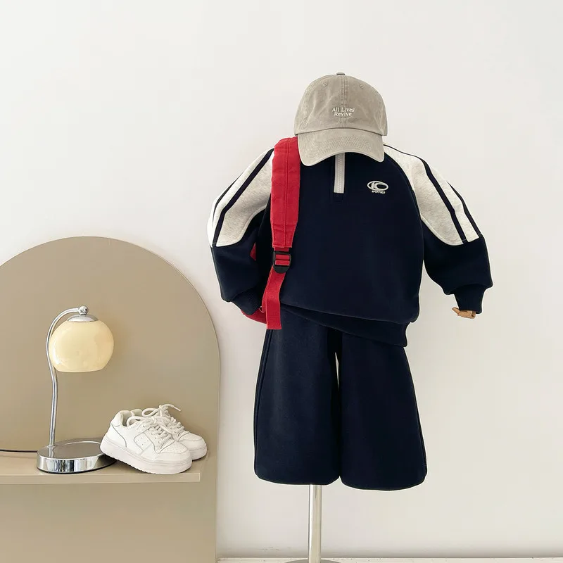 【セット】ネイビー配色ライン裏起毛スウェット上下セット