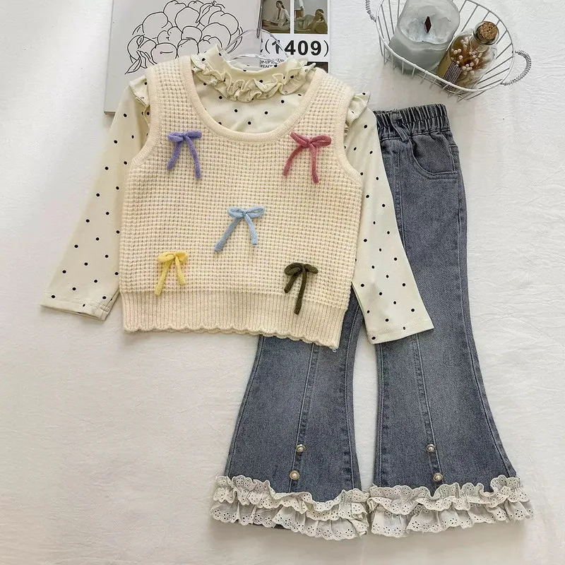 【セット】ドットリボンTシャツベストデニムパンツセット