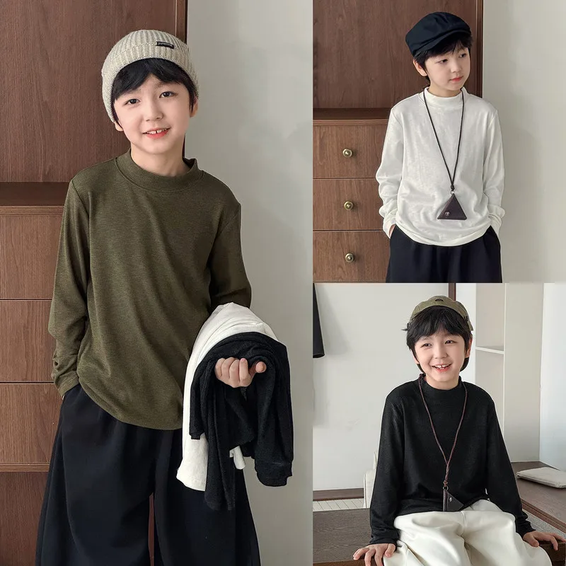 【KID】無地ハイネック長袖キッズTシャツ