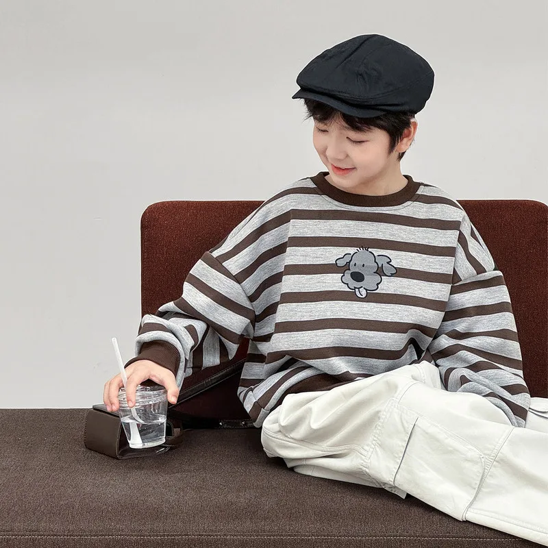 【KID】ドッグモチーフストライプ裏起毛長袖Tシャツ