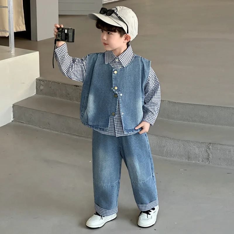 【セット】チェックシャツデニムベストパンツ3点セット