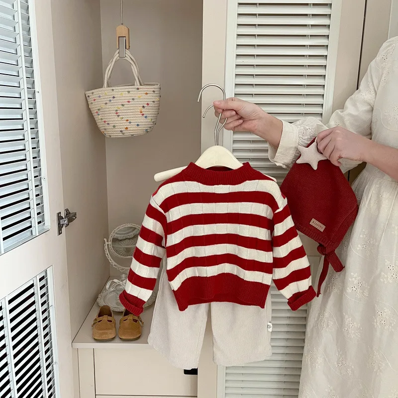 【BABY】レッドストライプ長袖ニットトップス