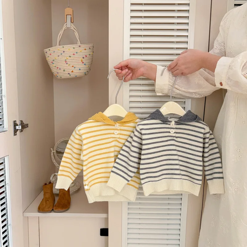 【BABY】ストライプニットフード付き長袖Tシャツ