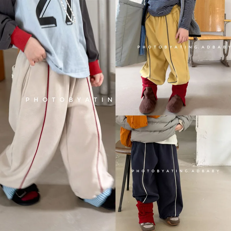 【KID】配色パイピング裏起毛キッズロングパンツ