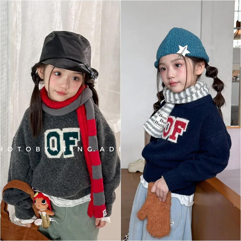 【KID】英字ロゴデザイン長袖ニットトップス