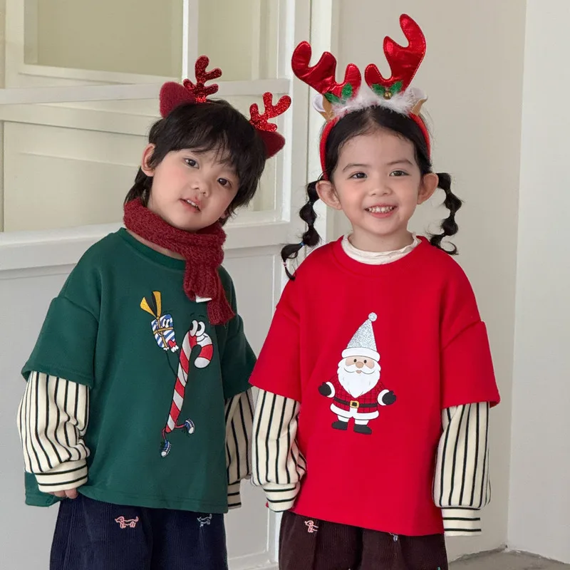 【KID】サンタ柄ストライプ長袖レイヤードTシャツ