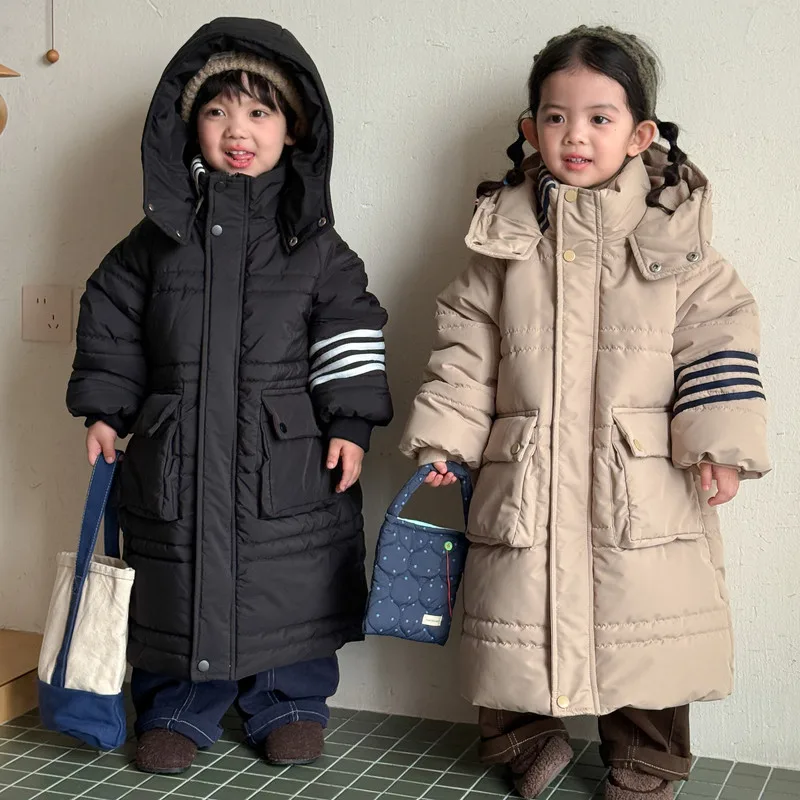 【KID】袖ストライプフード付きロング中綿ジャケット