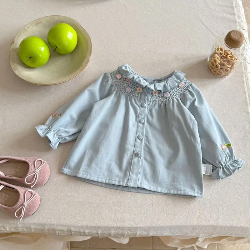 【BABY】花刺繍フリルカラー長袖ブラウス