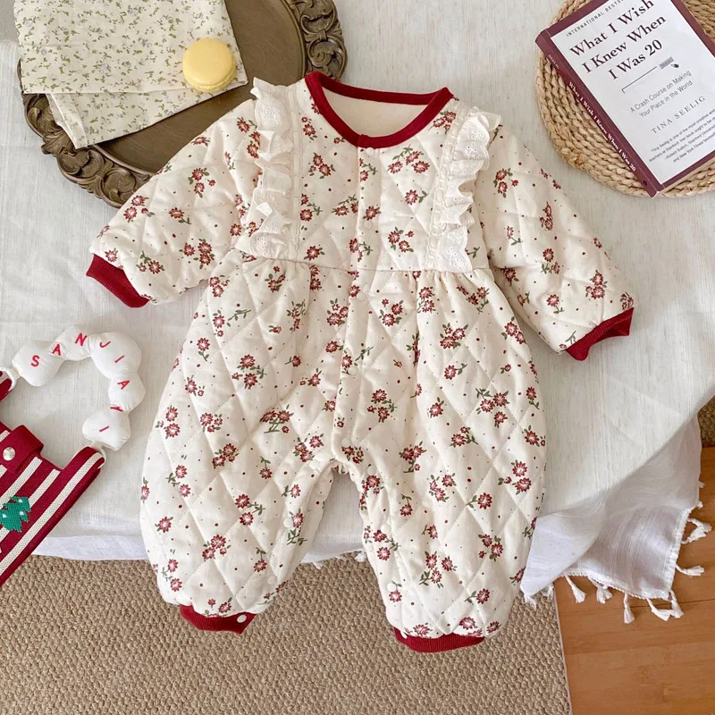 【BABY】アップルフラワー柄裏起毛ロンパース