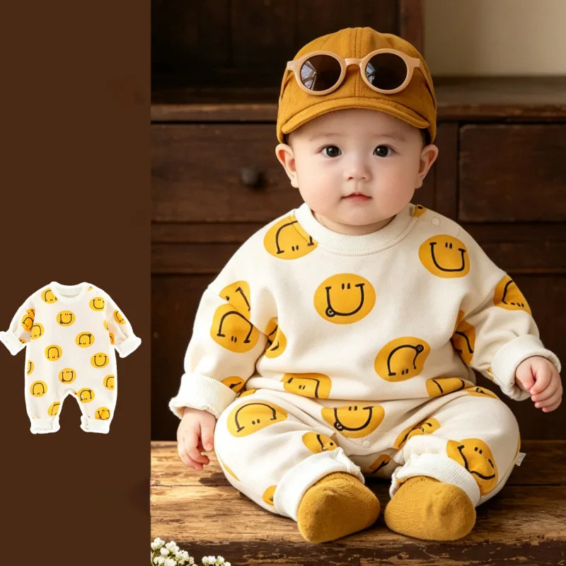 【BABY】スマイル柄裏起毛ベビーロンパース