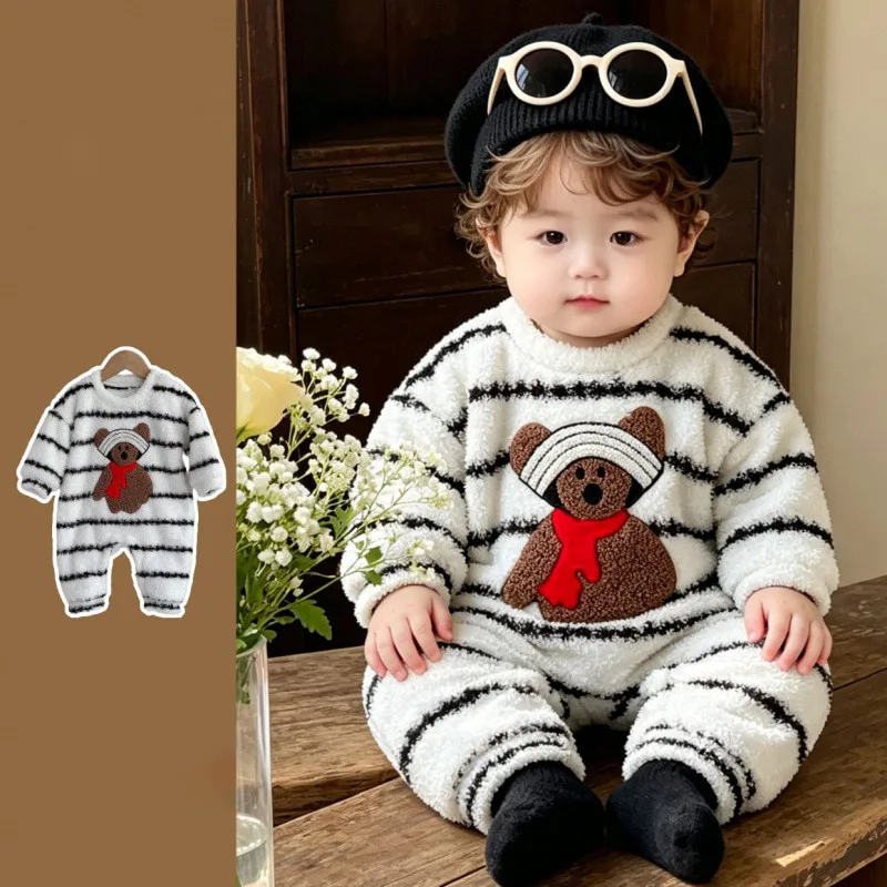 【BABY】くま柄ストライプ裏起毛ベビーロンパース