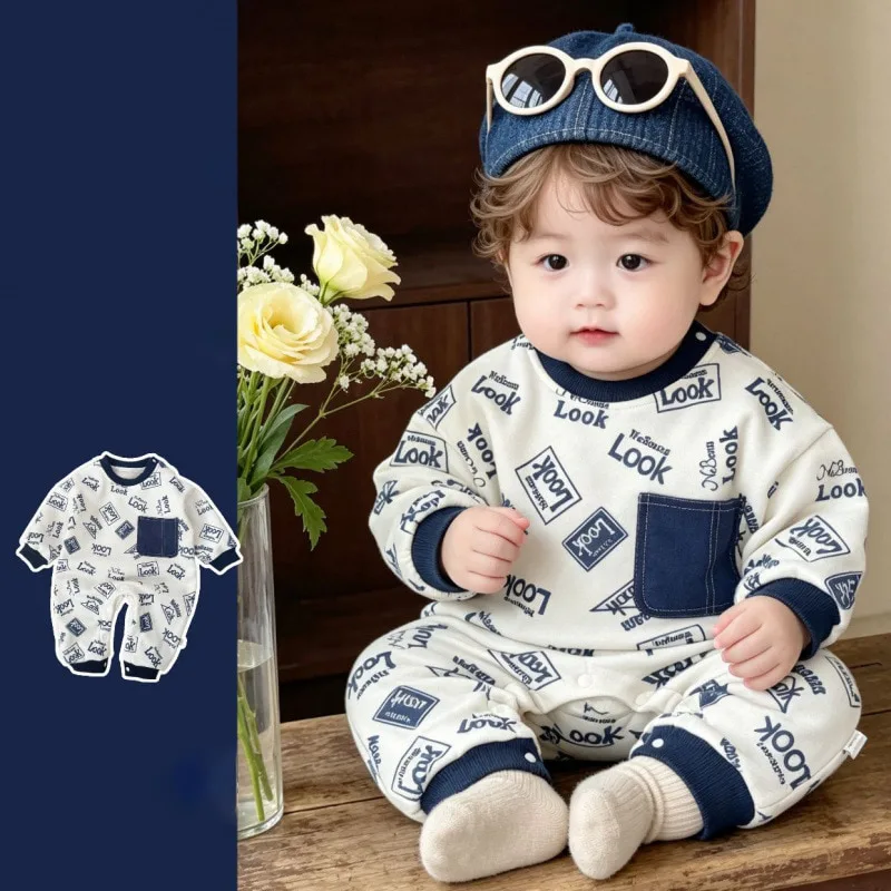 【BABY】英字プリント裏起毛ベビーロンパース