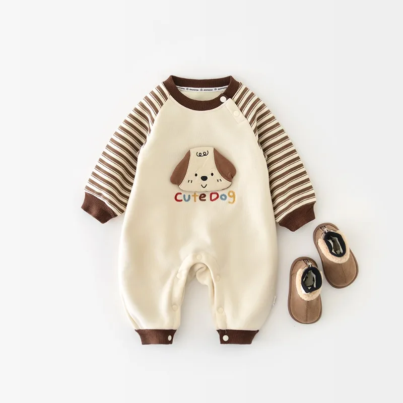 【BABY】犬モチーフストライプ袖裏起毛ロンパース