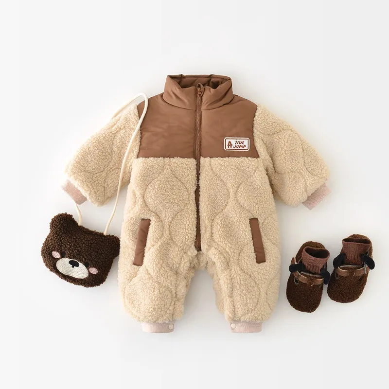 【BABY】配色フリース起毛ジップカバーオール