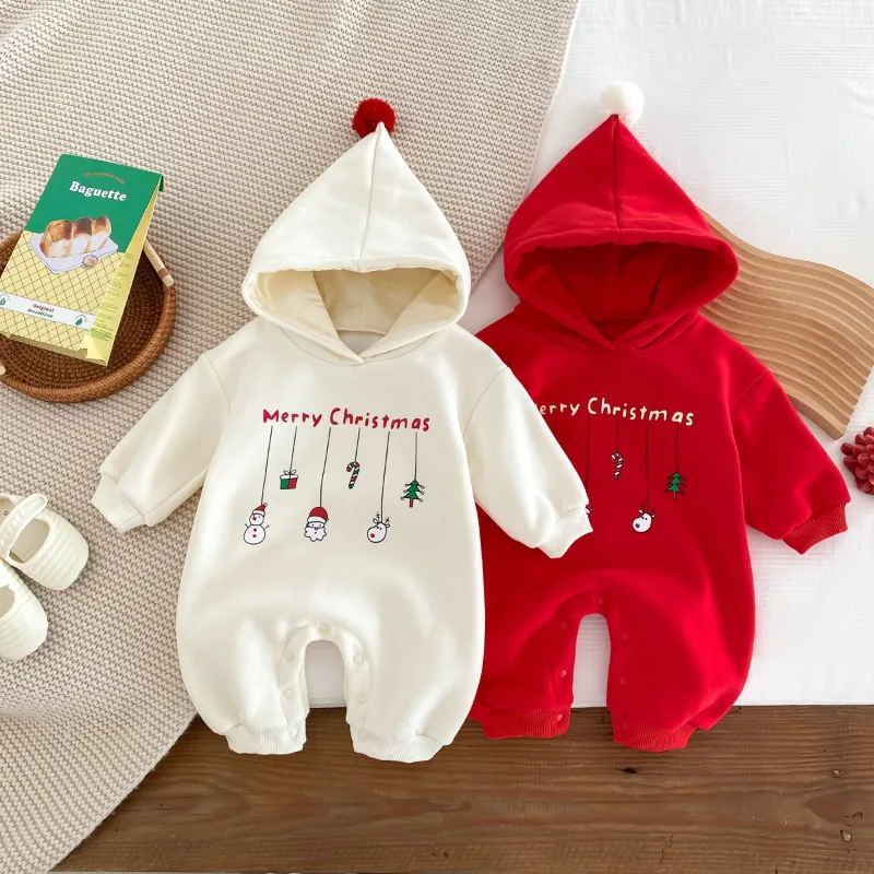【BABY】ホリデー柄フード裏起毛ベビーロンパース