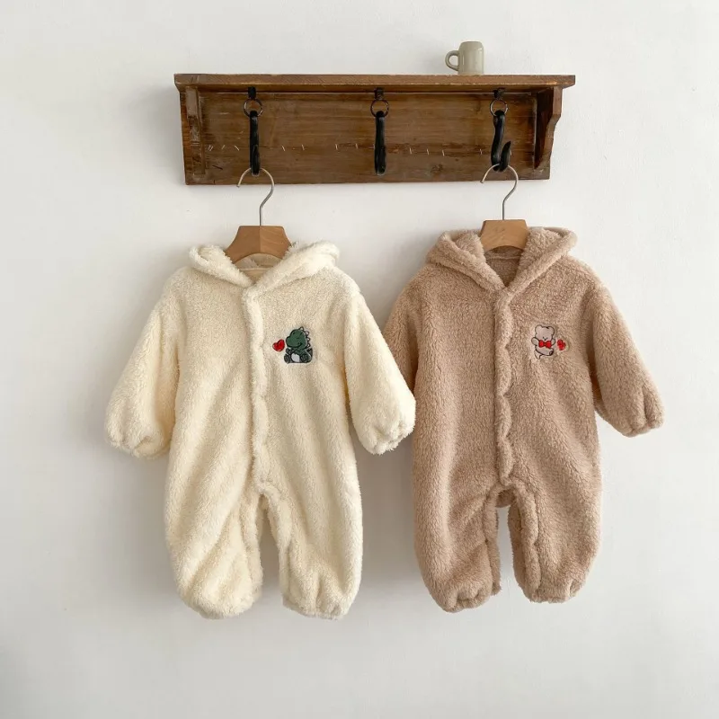【BABY】くま刺繍裏起毛フード付きロンパース