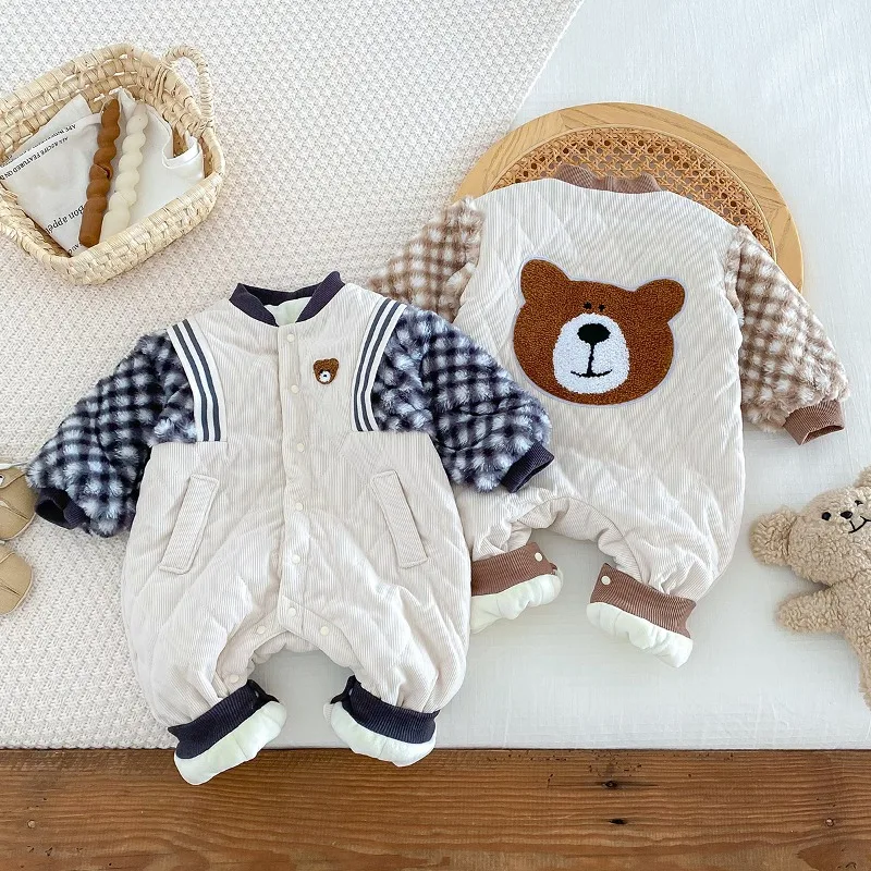 【BABY】くまコーデュロイチェック切替キルティングロンパース