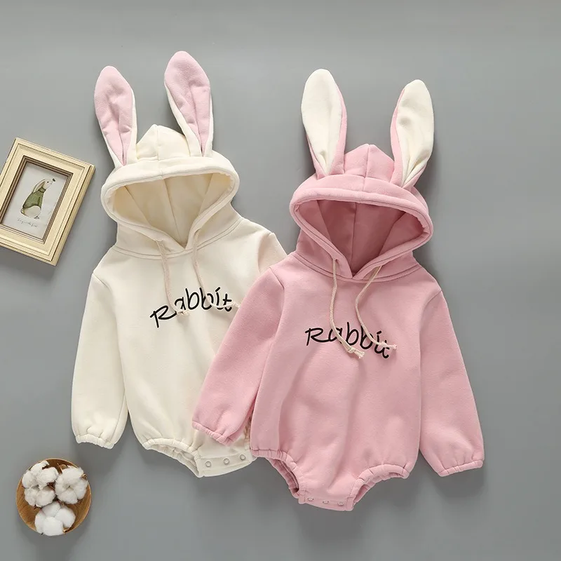 【BABY】うさぎ耳フード裏起毛ベビーロンパース