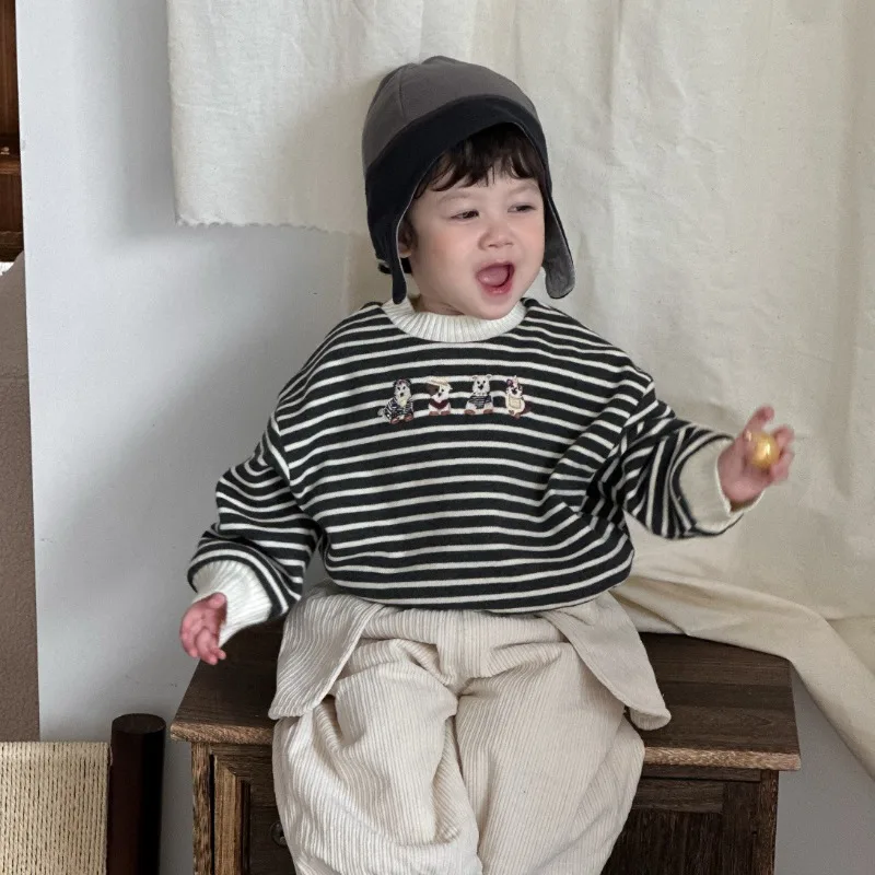 【BABY】子犬モチーフストライプトレーナー