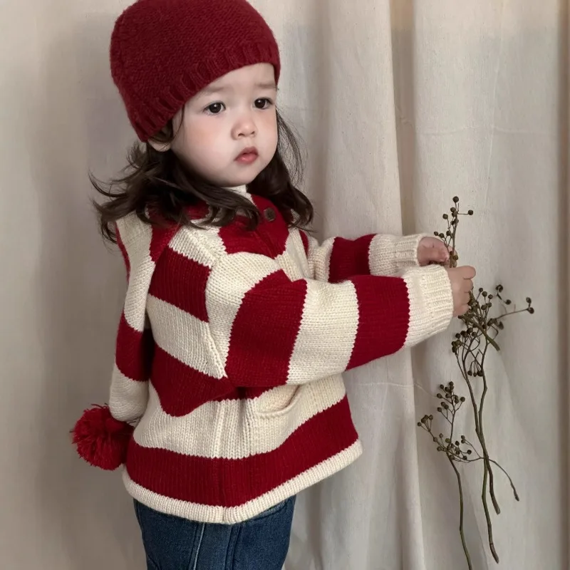 【BABY】レッドストライプフード付きカーディガン