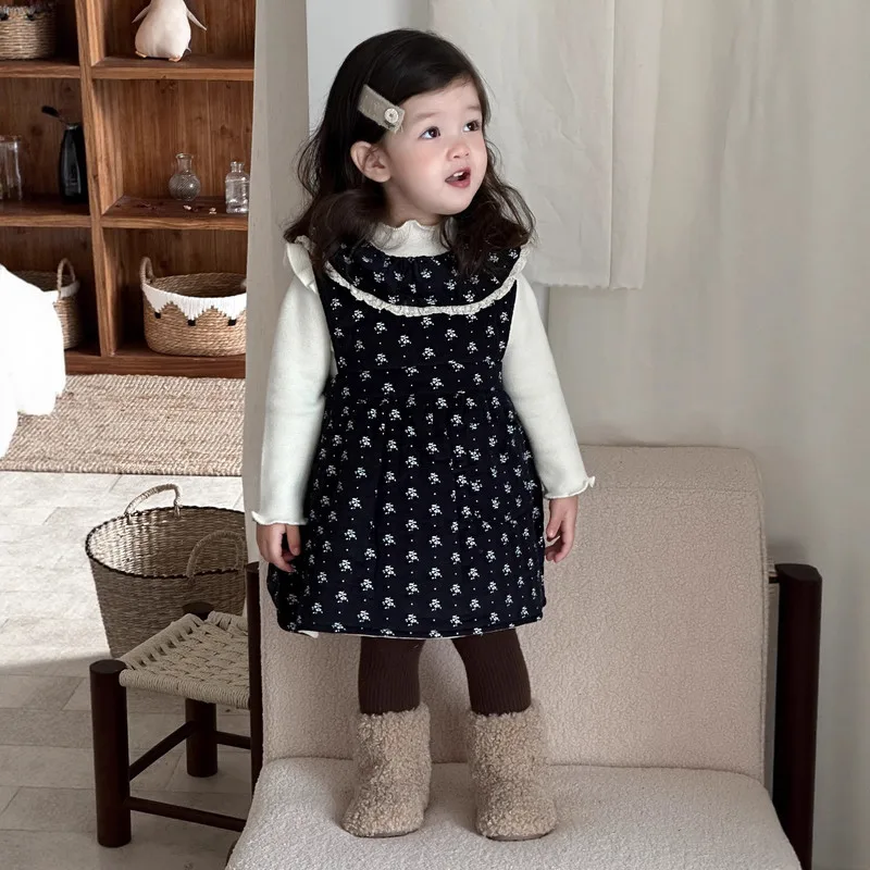 【BABY】ブラック小花柄フリル襟ワンピース