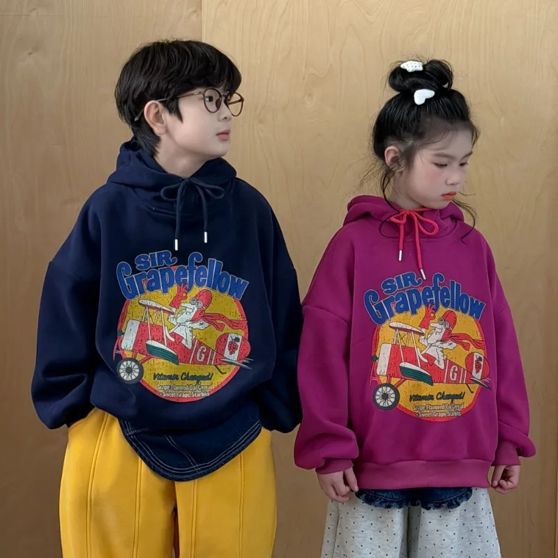 【KID】レトロイラスト英字プリント裏起毛パーカー