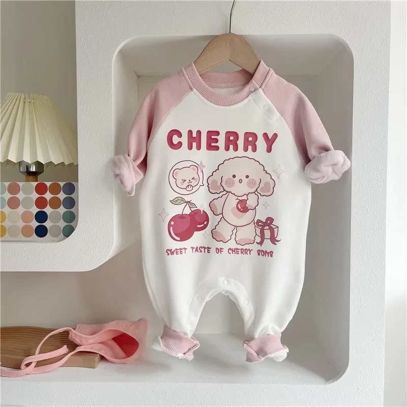 【BABY】チェリーくま柄裏起毛ベビーロンパース
