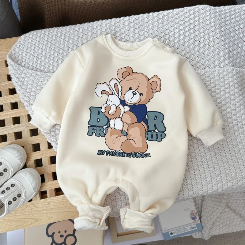 【BABY】くまとうさぎ柄裏起毛ベビーロンパース