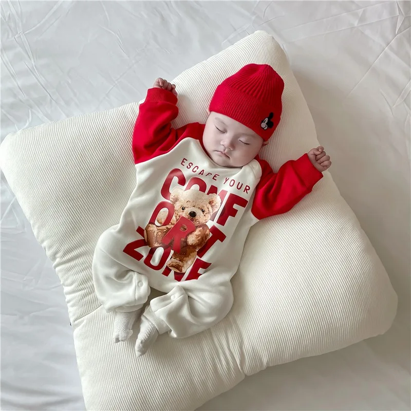 【BABY】くまプリント切替裏起毛ベビーロンパース