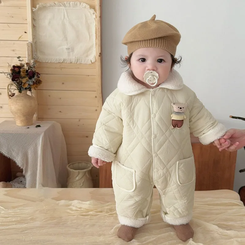 【BABY】くまキルティング裏起毛ベビーロンパース