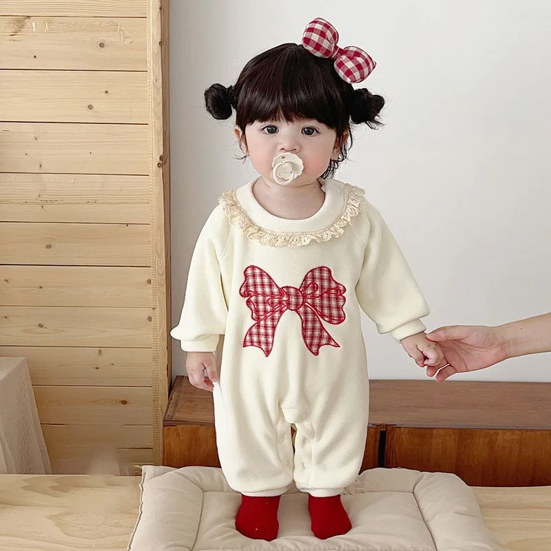 【BABY】チェックリボン柄裏起毛ベビーロンパース