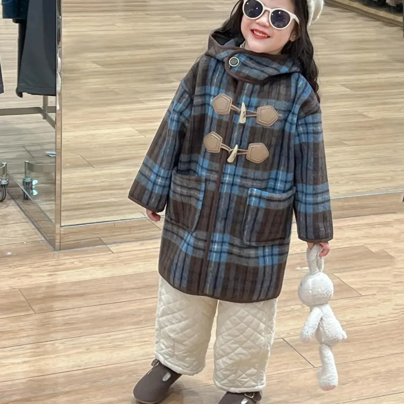 【KID】ブルーチェック柄フード付きダッフルコート