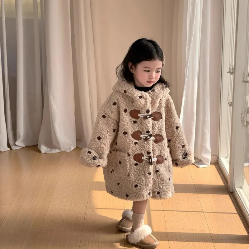 【KID】ドット柄フリースフード付きロングコート