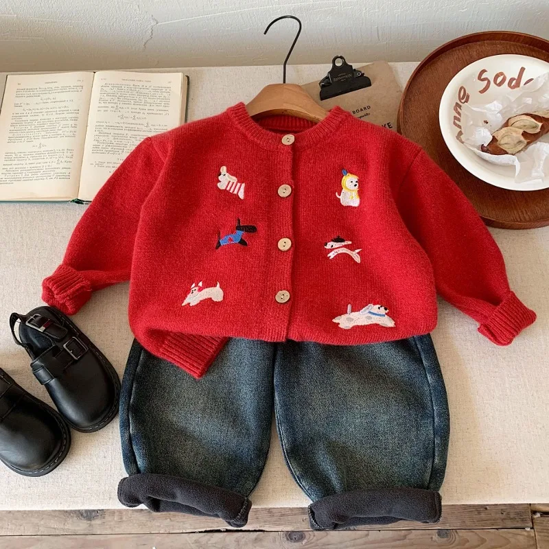 【KID】レッド犬モチーフ刺繍ニットカーディガン