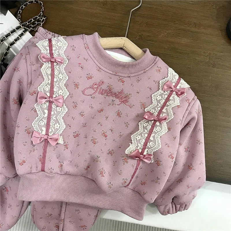 【セット】小花柄リボンレースデザイン裏起毛セットアップ