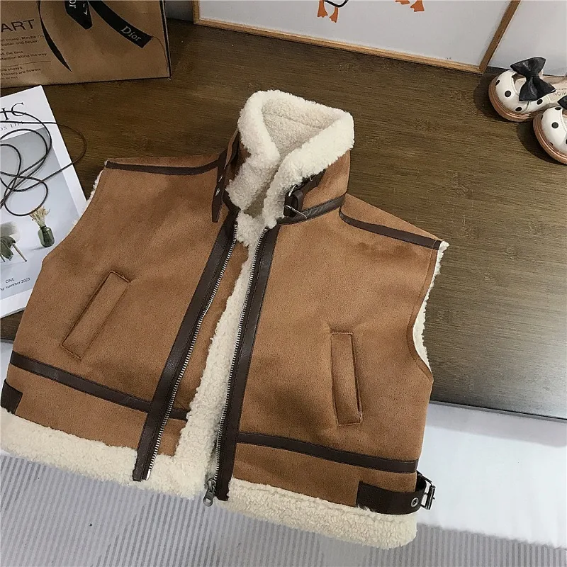 【KID】ブラウン配色切替ムートンベスト