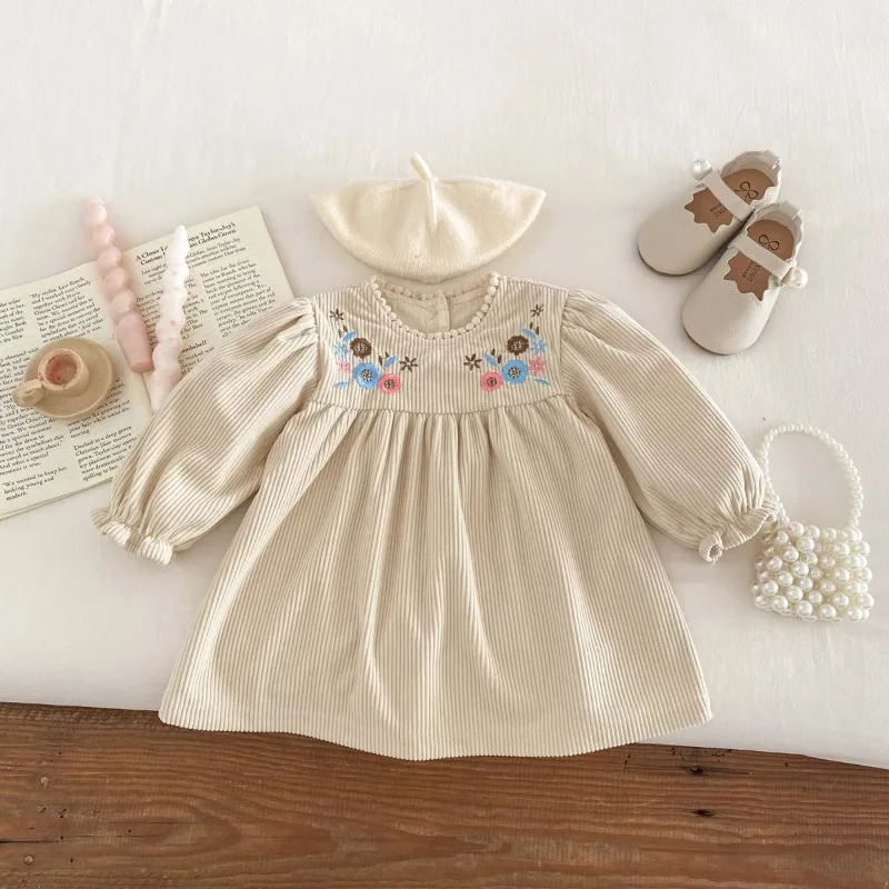【BABY】ベージュフラワー刺繍コーデュロイワンピース
