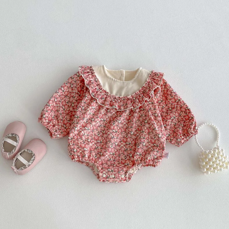 【BABY】小花柄フリルデザイン裏起毛長袖ロンパース