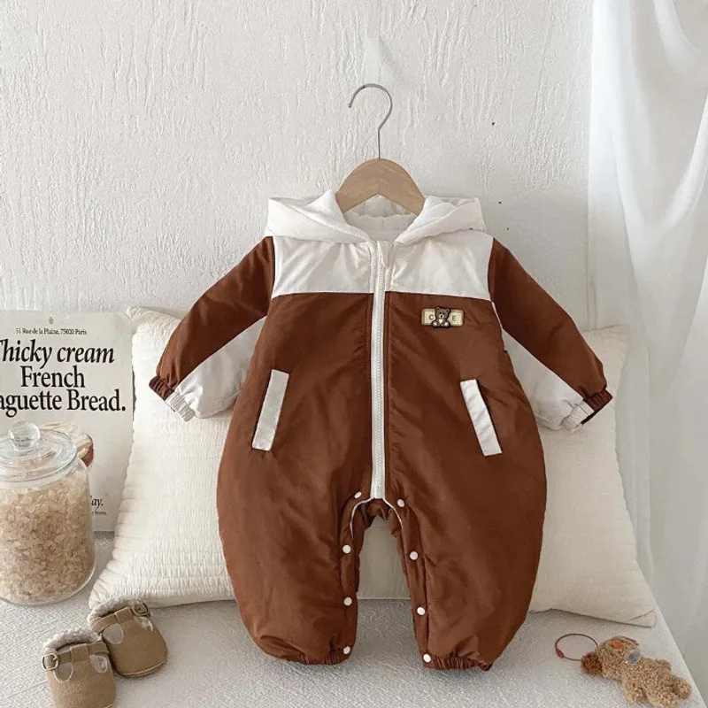【BABY】ブラウン配色切替裏起毛フードロンパース