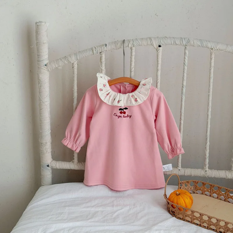 【BABY】さくらんぼ刺繍襟付きピンク長袖ワンピース