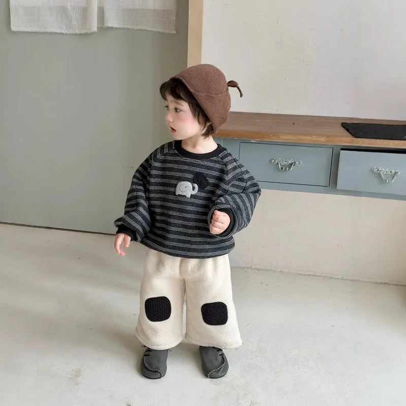 【BABY】ぞうモチーフストライプ長袖Tシャツ