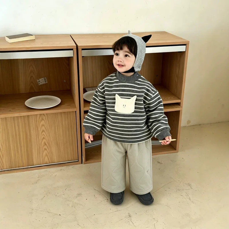 【BABY】グレーストライプ長袖Tシャツ